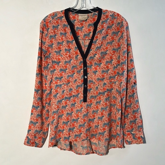 ANTHROPOLGIE VANESSA VIRGINIA Henley V-Neck Tiger Print Tab Opt. SLV Blouse SZ 6 - Picture 1 of 16